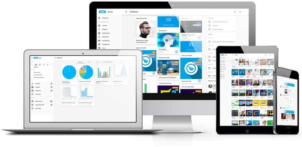 Screenshots der IBT SERVER Software für E-Learning und E-HR auf verschiedenen Endgeräten (Desktop-PC, Laptop, Tablet-PC, Smartphone)