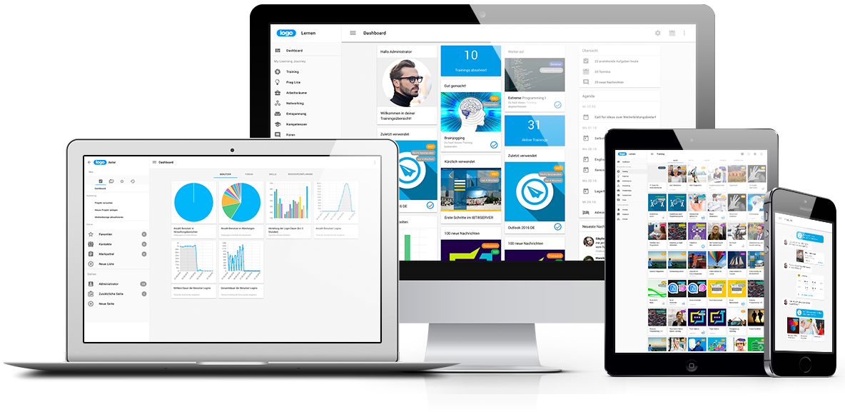 Screenshots der IBT SERVER Software für E-Learning und E-HR auf verschiedenen Endgeräten (Desktop-PC, Laptop, Tablet-PC, Smartphone)