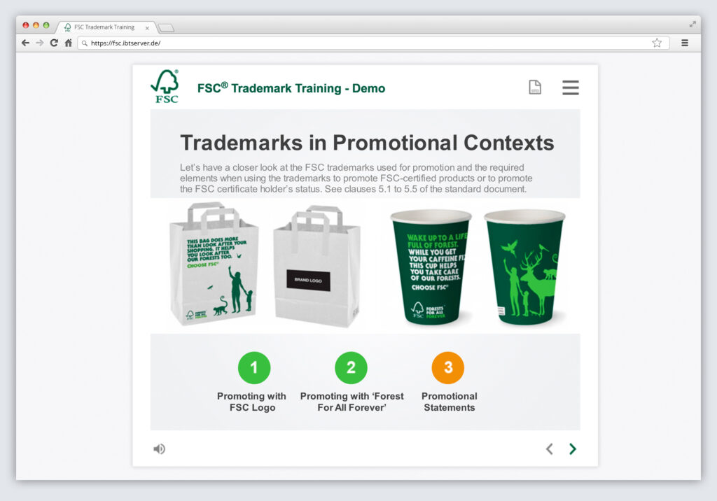 Seite aus dem E-Learning FSC Trademark Training mit Beispielen, wie das FSC Trademark auf Merchandising-Produkten eingesetzt werden darf