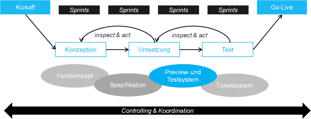 Infografik zum agilen Vorgehen in einem Projekt zur Digitalisierung im HR-Bereich. Vom Kickoff zum Go-Live.