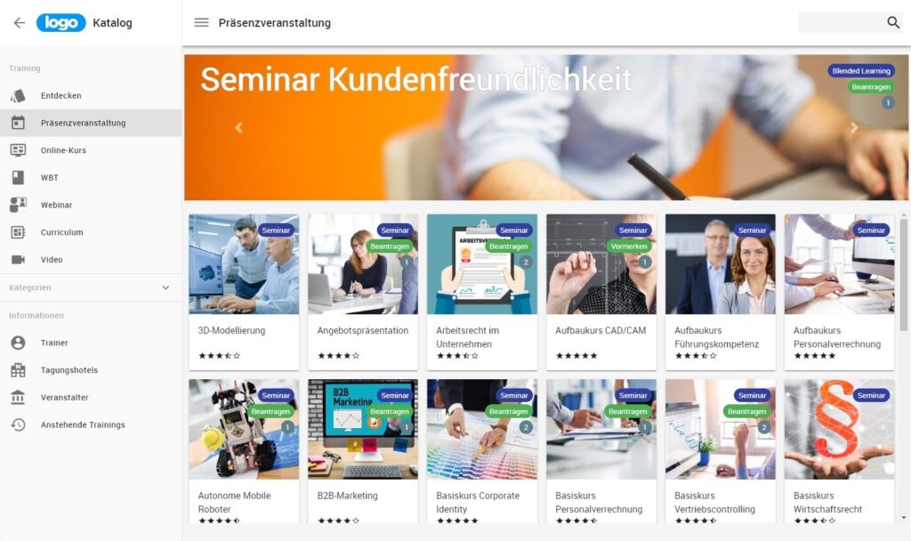 time4you Screenshot zum Demo-Kurskatalog von IBT LXM der Lernplattform innerhalb der Seminarverwaltung der IBT SERVER Software. Von hier aus geht es dann direkt auch zum LMS.