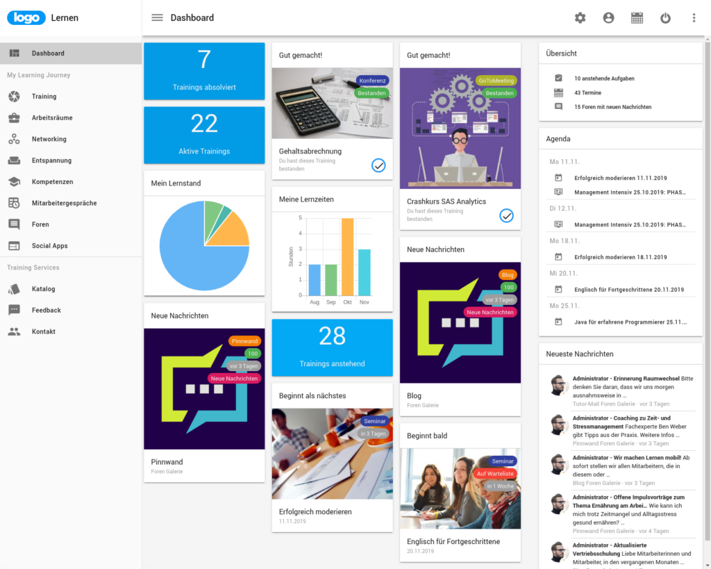 time4you Screenshot des Dashboards für Lernende auf der Lernplattform IBT LXM. Zu sehen sind aktuelle Lernstände, neue Nachrichten, abonnierte Social Streams und die nächsten Termine.