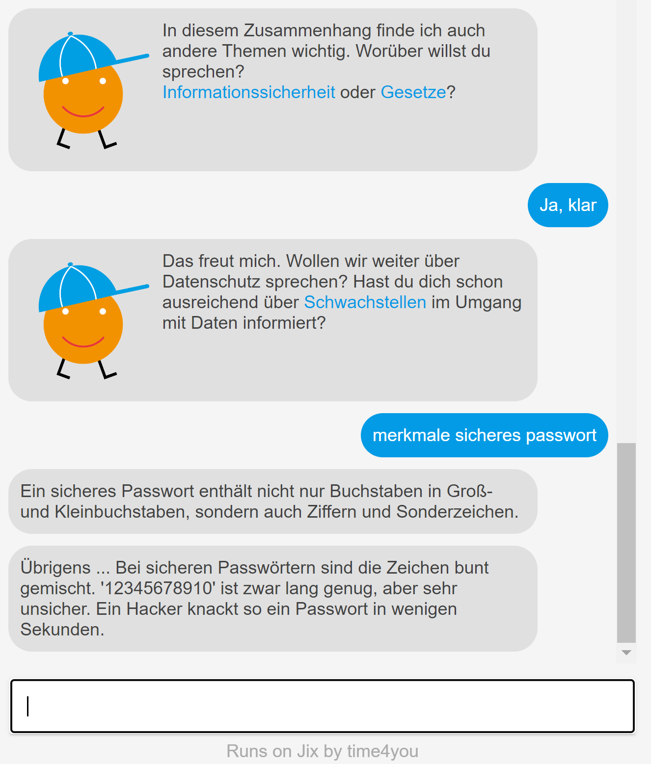 time4you Screenshot aus dem Dialog mit Chatbot Billy zum Datenschutz 