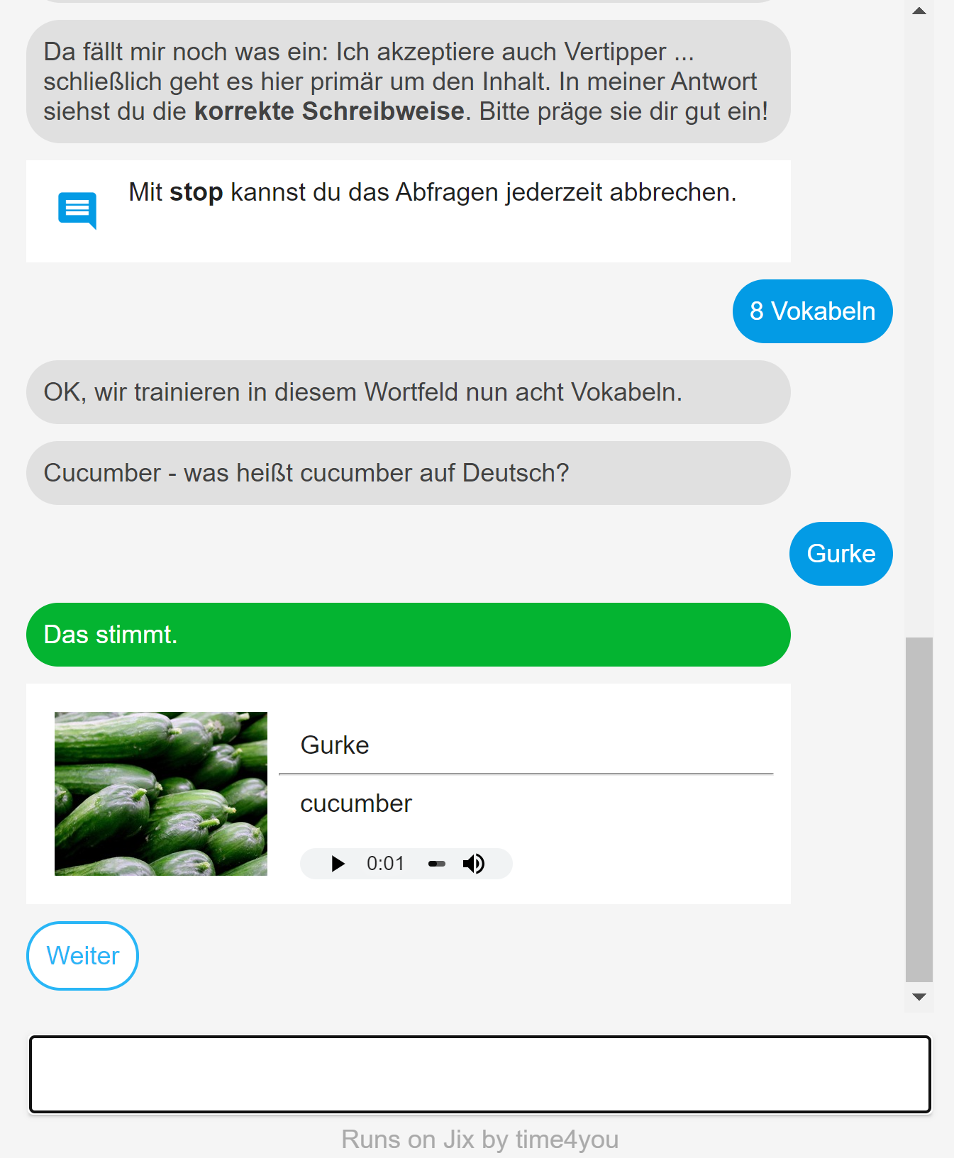 time4you Screenshot aus dem interaktiven Vokabeltraining Englisch mit Chatbot Charlie, erstellt mit der Chatbot Software JIX